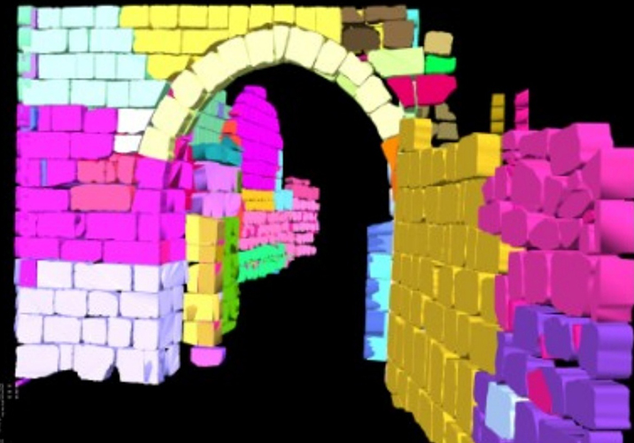 Segmented 3D model of the Shawbak arch — each stone individually identified and colour-coded